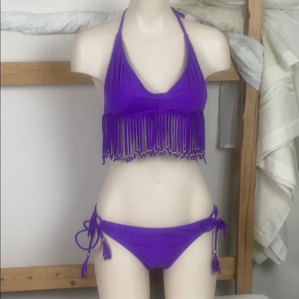 Raisins Swimsuit Bikini 2pc Set Purple Fringe